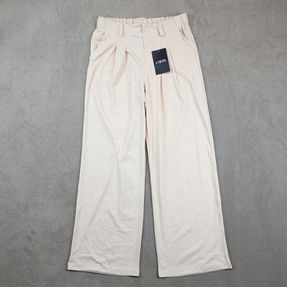 Libin Size M Cream Beige Waffle Knit Wide Leg Pleated Trousers High Waist NWT